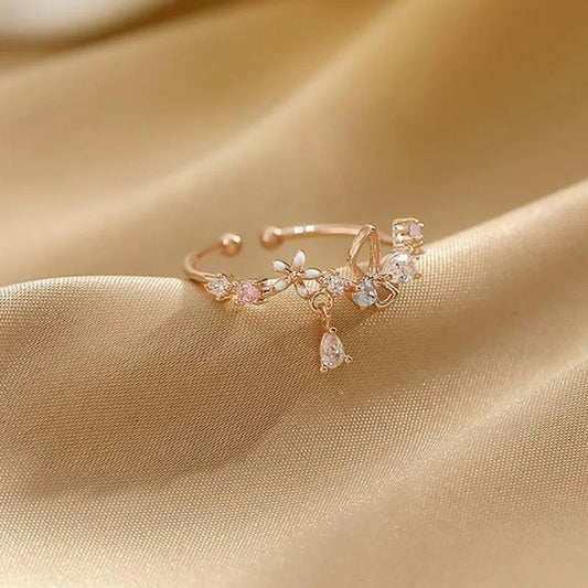 Adjustable Zircon Flower Bow Ring for Women Princess Jewelry Gift