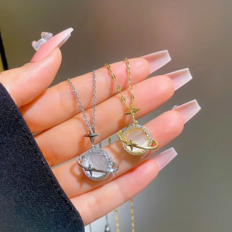 OIMG 316L Stainless Steel Gold Color Opal Planet Star Pendant Necklace For Women Girl Elegant Jewelry Party Gift
