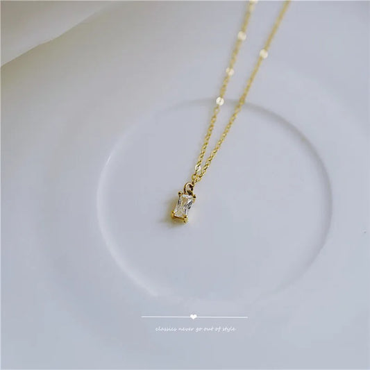 925 Sterling Silver French Small Square Diamond Pendant 14k Gold Plating Necklace Women Fashion Shiny Clavicle Chain Jewelry
