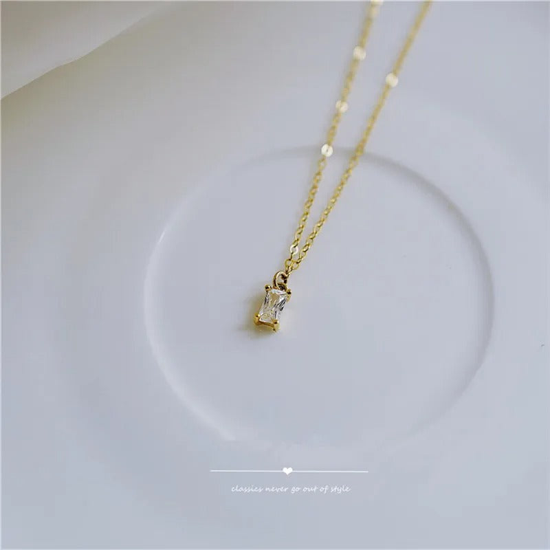 925 Sterling Silver French Small Square Diamond Pendant 14k Gold Plating Necklace Women Fashion Shiny Clavicle Chain Jewelry