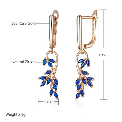 Blue Natural Zircon Leaf Shape Dangle Earrings For Women 585 Rose Gold Color Long Earrings Party Gift