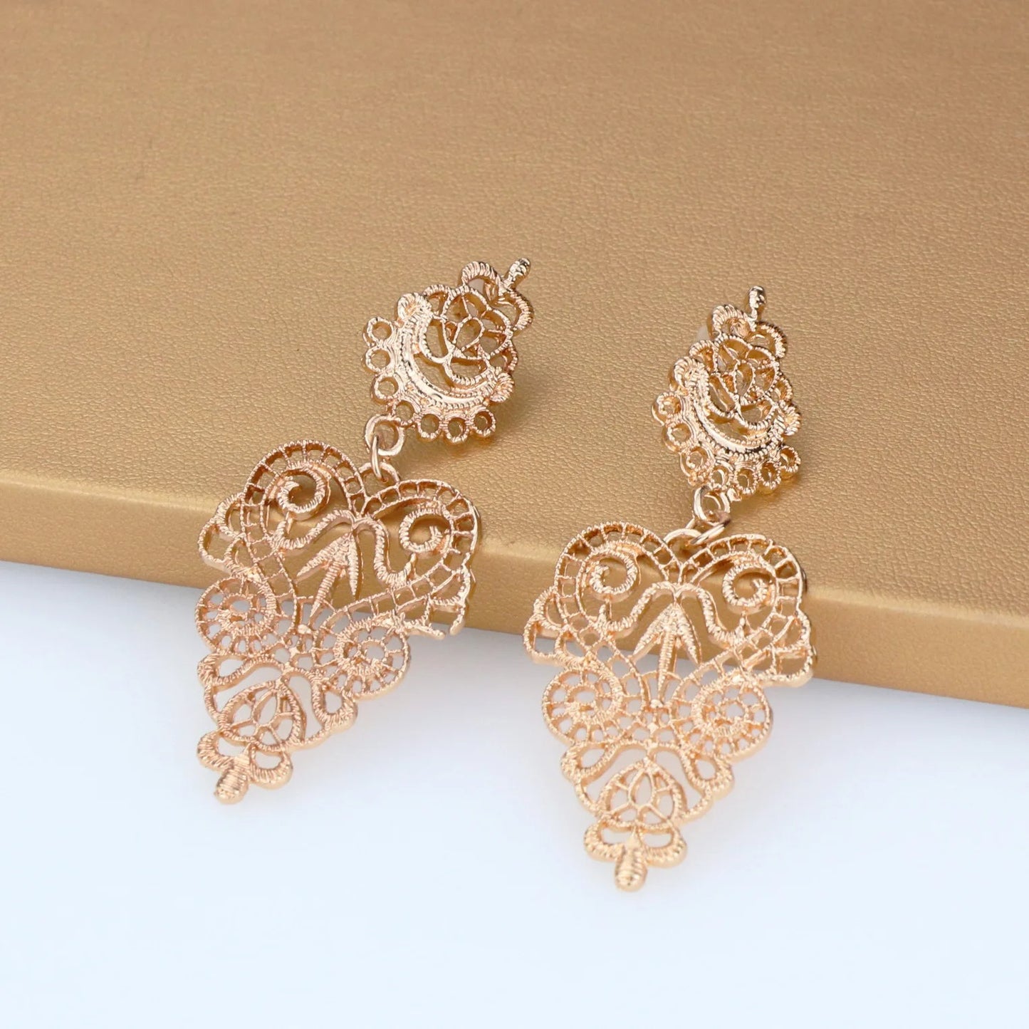 Hollow Carved Flower Drop Earrings for Women Black Gold Statement Jewelry