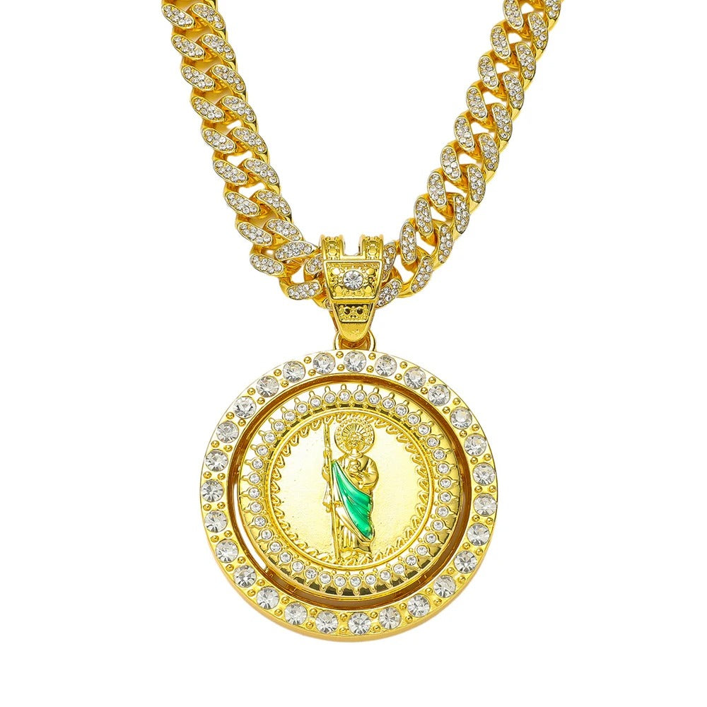 Men's Hip Hop Rotatable Pendant Necklace with Cuban Chain Religious rotation Pendants Jewelry