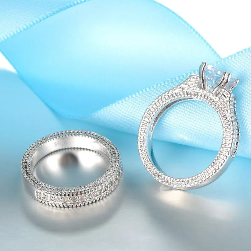 Elegant 925 Silver Wedding Engagement Couple Rings CZ Stone