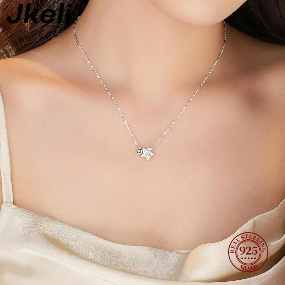 925 Sterling Silver Necklace Sweet Star Heart Pendant 18k Necklace For Women Wedding Statement Fine Jewelry