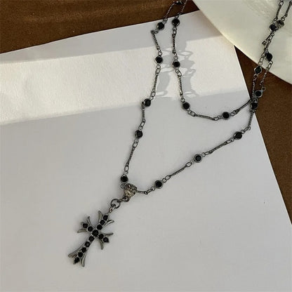 Summer Black Rhinestone Cross Jesus Pendant Choker Necklace for Women Punk Vintage Double Layers Chain