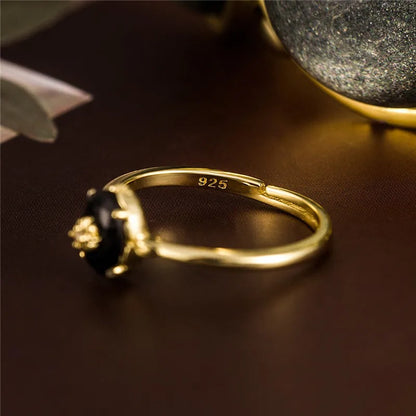 Real 925 Sterling Silver 18k Gold Plating Synthetic black agate Open Ring For Women vintage Light Luxury Fine Jewelry