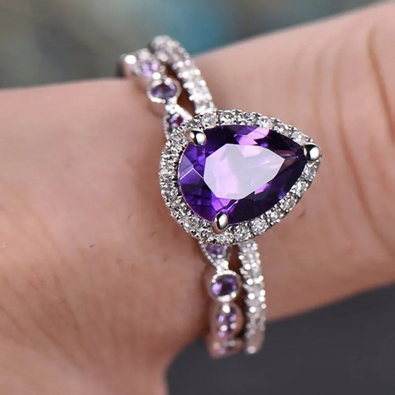 Sterling Silver Purple Cubic Zircon Set Rings for Women Wedding Party Temperament Elegant Lady Accessories Fashion Jewelry