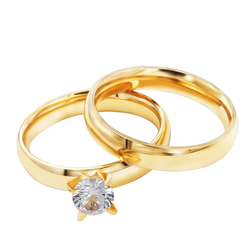 2pcs Gold Stainless Steel Couple Rings Zircon Charm Jewelry Gift Set