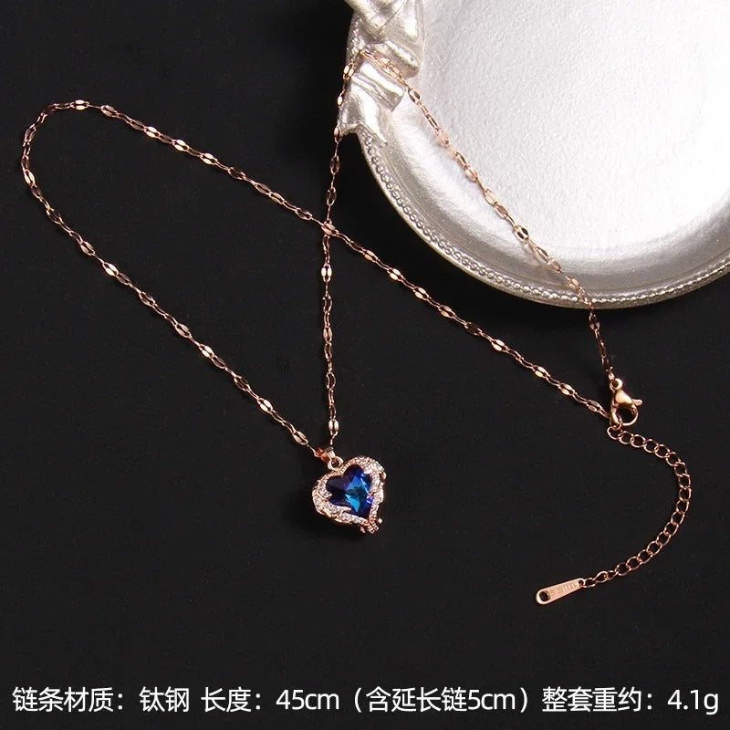Luxury Colorful Crystal Ocean Heart Pendant Necklace For Women Fashion Stainless Steel Neck Chain Female Wedding Jewelry