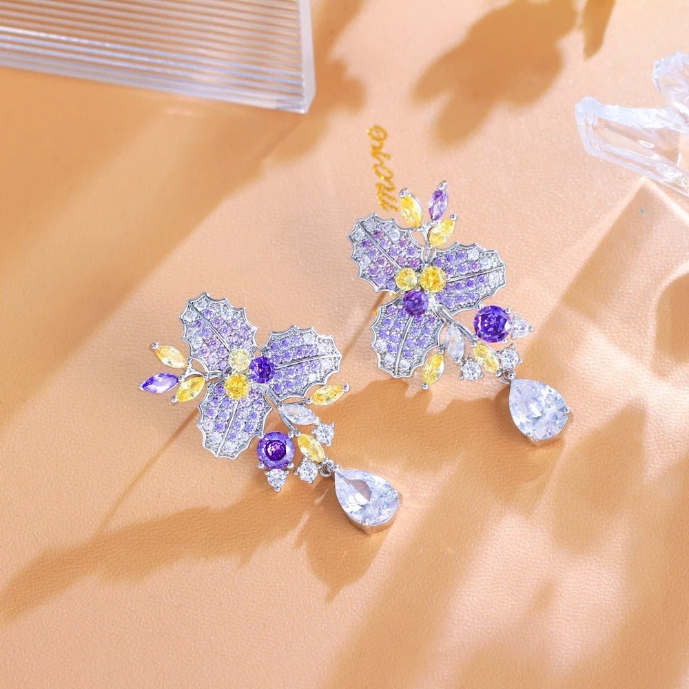 Purple Cubic Zircon Flower Leaf Drop Earrings Women Bridal