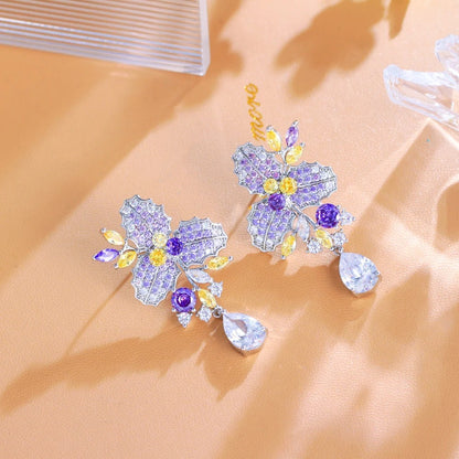 Purple Cubic Zircon Flower Leaf Drop Earrings Women Bridal