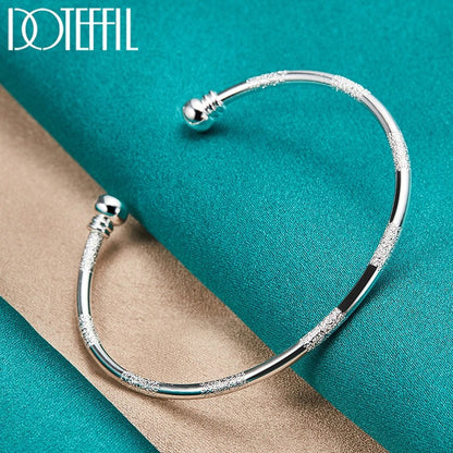 DOTEFFIL 925 Silver Double Beads Cuff Bangle Smooth Matte Bracelet