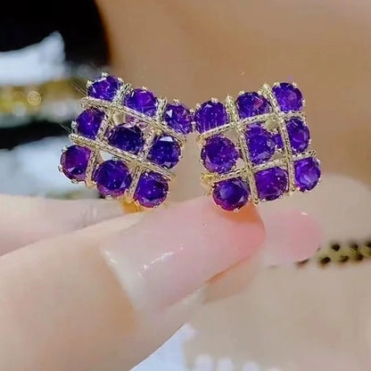 New Fashion Purple Zircon Square Stud Earrings Women Premium Gift