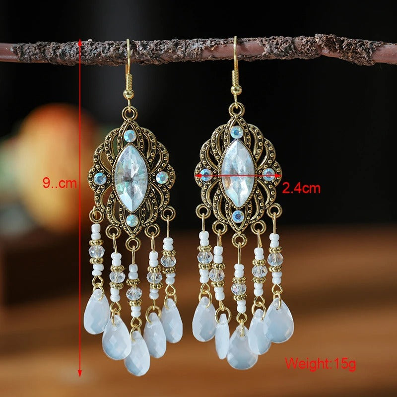 Ethnic Boho Crystal Tassel Drop Earrings Handmade for Women