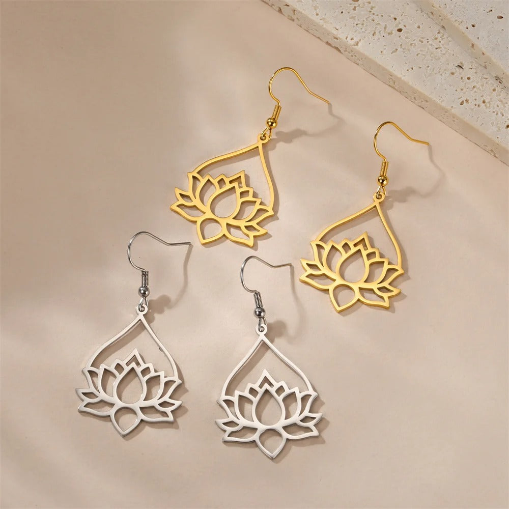 Hollow Lotus Drop Earrings Women Stainless Steel Yoga Jewelry