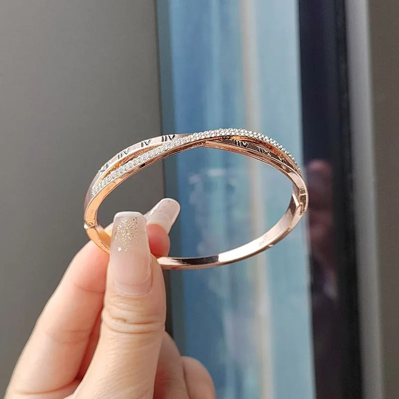 Stainless Steel Cross Bracelet Roman Numeral & Rhinestone Design