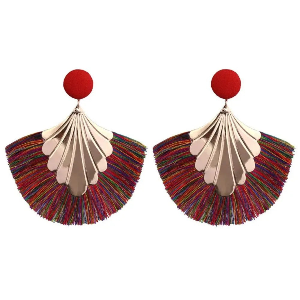 Exaggerated Fan Shaped Tassel Earrings Women Boho Fashion