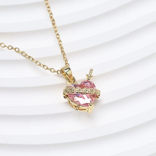 Sweet Love Heart Rhinestone Charms Pendant Necklace Cute One Arrow Through The Heart Rose Flower Around Necklaces Accessory