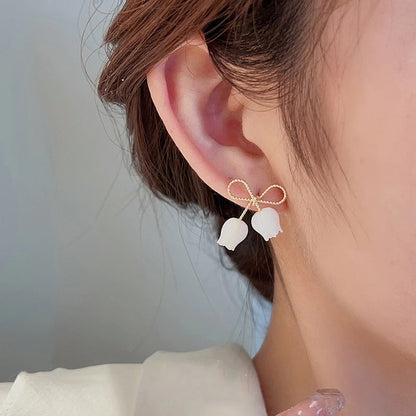 Elegant White Tulip Stud Earrings Women Gold Bowknot Party Jewelry
