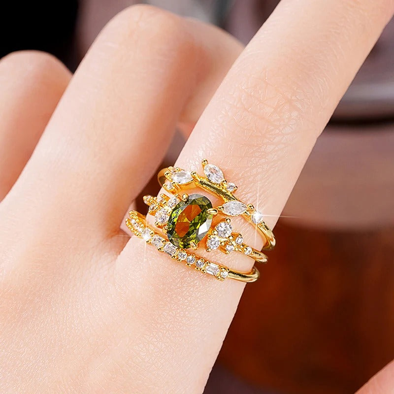 3-Piece Women’s Rings Set Olive Green CZ Gold Color Wedding Jewelry