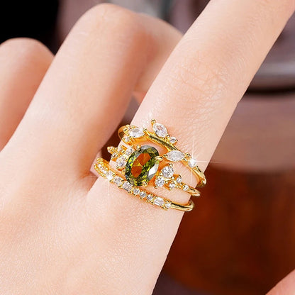 3-Piece Women’s Rings Set Olive Green CZ Gold Color Wedding Jewelry