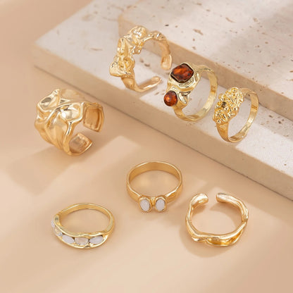 Ingemark 7Pcs/Set Vintage Irregular Folded Surface Open Rings for Women Goth Red Rhinestone Finger Rings Wed Bridal Jewelry Gift