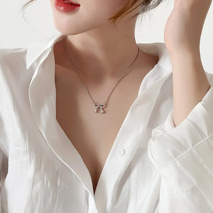 925 Sterling Silver Necklace Clavicle Chain Shining Zircon Bowknot Women's Pendant Necklace Birthday Party Gift Jewelry Gift
