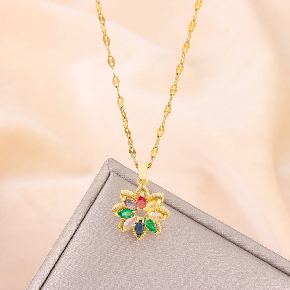 New In Fashion 7 Colors Zircon Crystal Flower Pendant Necklaces For Women Trendy Female Stainless Steel Chain Ladies Accessories