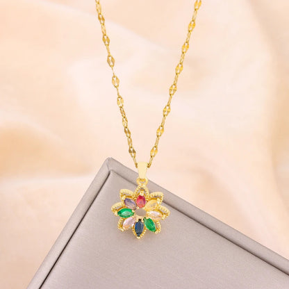 New In Fashion 7 Colors Zircon Crystal Flower Pendant Necklaces For Women Trendy Female Stainless Steel Chain Ladies Accessories
