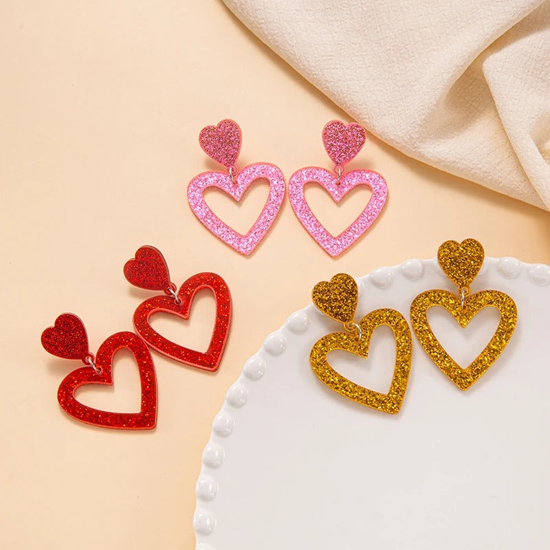 Golden Double Heart Drop Earrings Women Bling Acrylic Jewelry