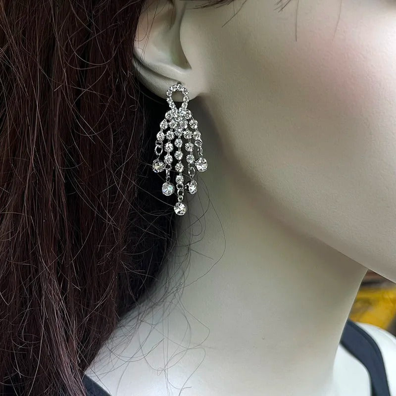 Luxury Rhinestone Tassel Drop Earrings Women Bling Jewelry