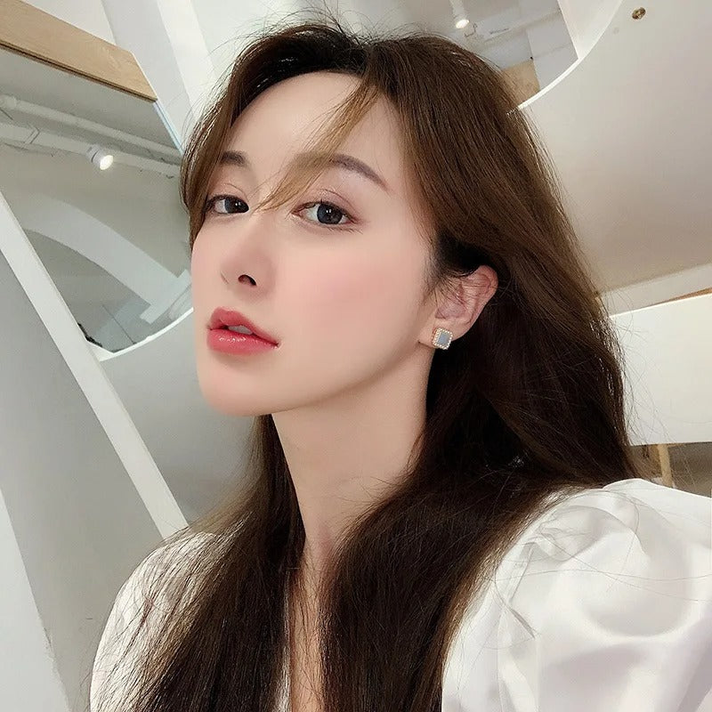 Korean Style Enamel Blue Square Pearl Stud Earrings for Women Small Geometric Earring Trendy Jewelry Valentine's Day Girl Gift