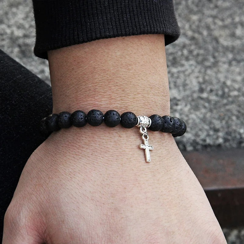 Men’s Trendy Silver Bead Bracelet with Cross Pendant & Natural Stone