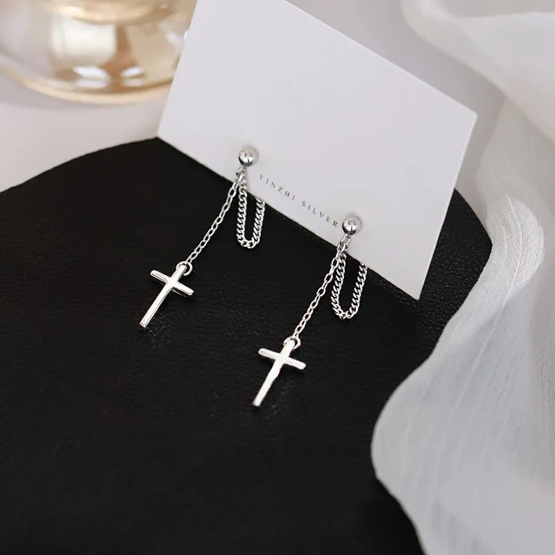 Silver Color Cross Drop Earrings for Women Men Gothic Hip Hop Long Tassel Hanging Earring Jewelry