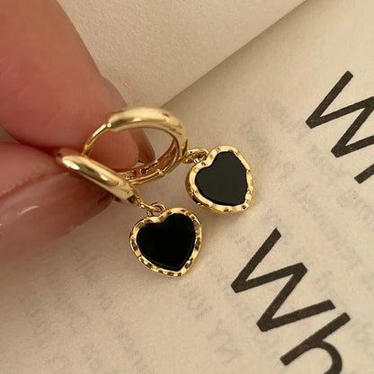 Sterling Silver Black Heart Gold Hoop Earrings Women Party Jewelry