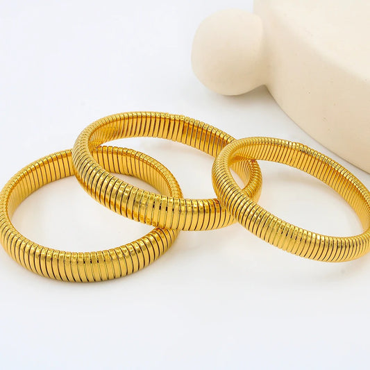 Steel Elastic Bracelet Women Gold Plated Charm Punk Wide Chunky Metal Spiral Bangle Waterproof