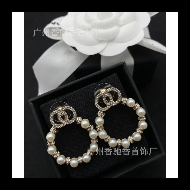 Elegant Double Diamond Pearl Earrings Chic Round Design Earrings for Women with Timeless Style