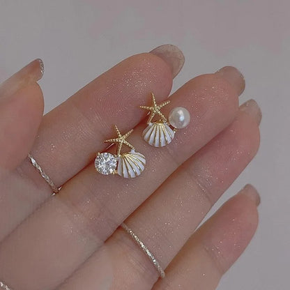 New Starfish Shell Imitation Pearl Enamel Asymmetric Stud Earrings For Women Girl Wedding Jewelry Lady Temperament Pendientes