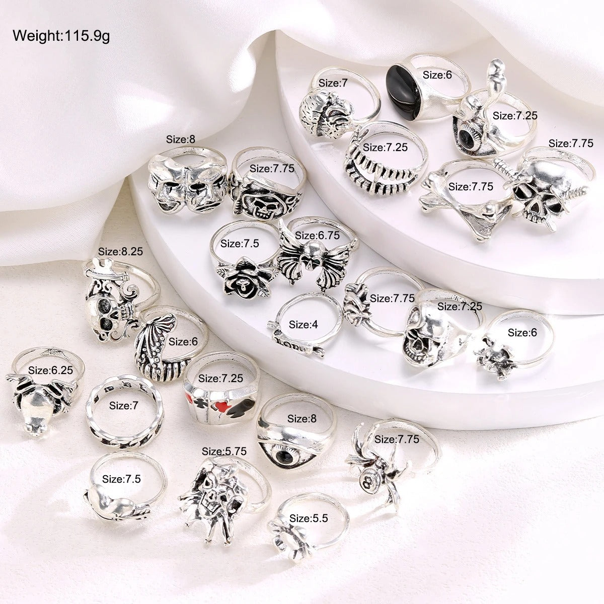 24Pcs/Set Punk Gothic Rings Sets Silver Color Skeleton Spider Poker Joker Eyes Heart Rings For Men Fashion Hip Hop Jewelry Gifts