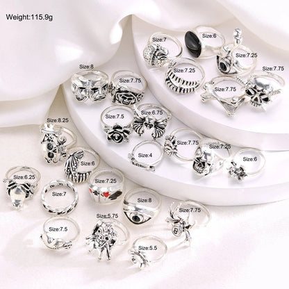 24Pcs/Set Punk Gothic Rings Sets Silver Color Skeleton Spider Poker Joker Eyes Heart Rings For Men Fashion Hip Hop Jewelry Gifts