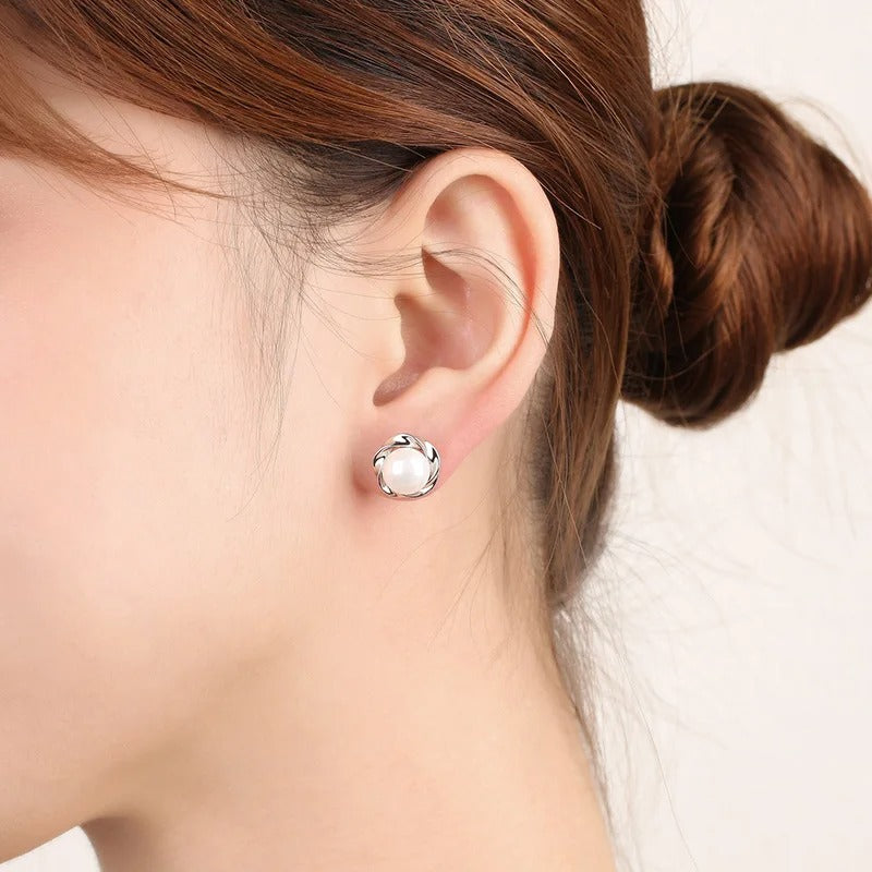 Silver Freshwater Cultured Pearl Button Ball Stud Earrings For Women