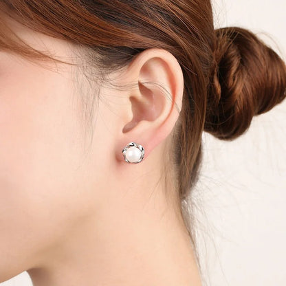 Silver Freshwater Cultured Pearl Button Ball Stud Earrings For Women