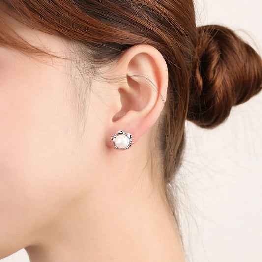 Silver Freshwater Cultured Pearl Button Ball Stud Earrings For Women