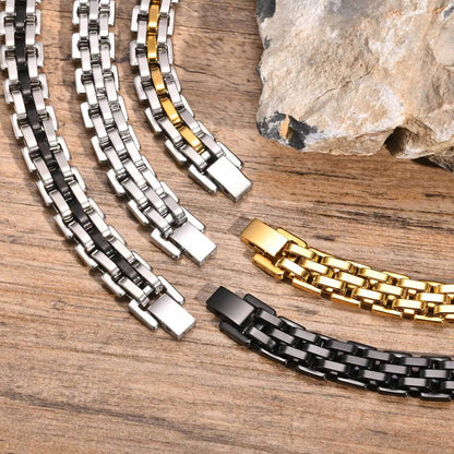 Men’s Black & Silver Watchband-Style Chain Bracelet Teens & Boys