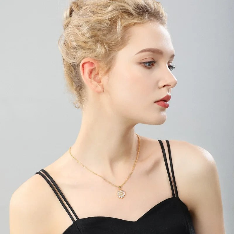 Spin Sunflower Zircon Necklace Stainless Steel Women’s Jewelry