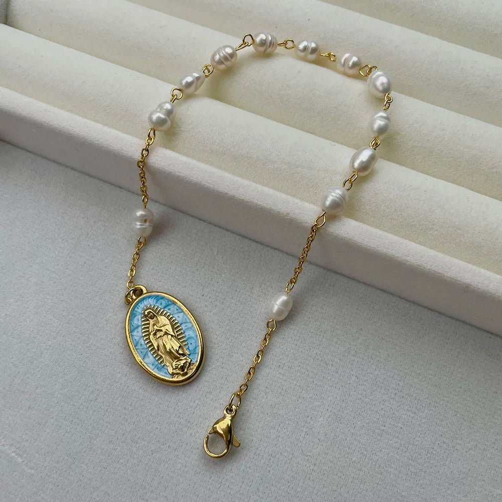 Natrual Pearls Beads Rosary Bracelet with Gold Color Stainless Steel Chain Virgin Mary Charm Spiritual Jewelry for Women gift