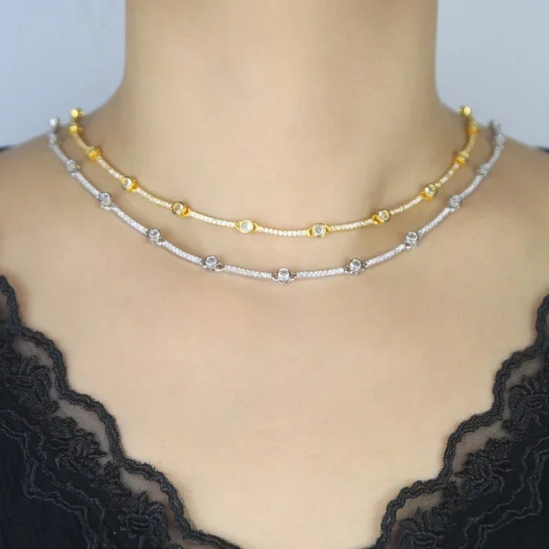 2025 High Quality Fashion 5A Cubic Zirconia CZ Bar Band Charm Tennis Chain Gold Plated Choker Necklace For Luxury Women Jewelry