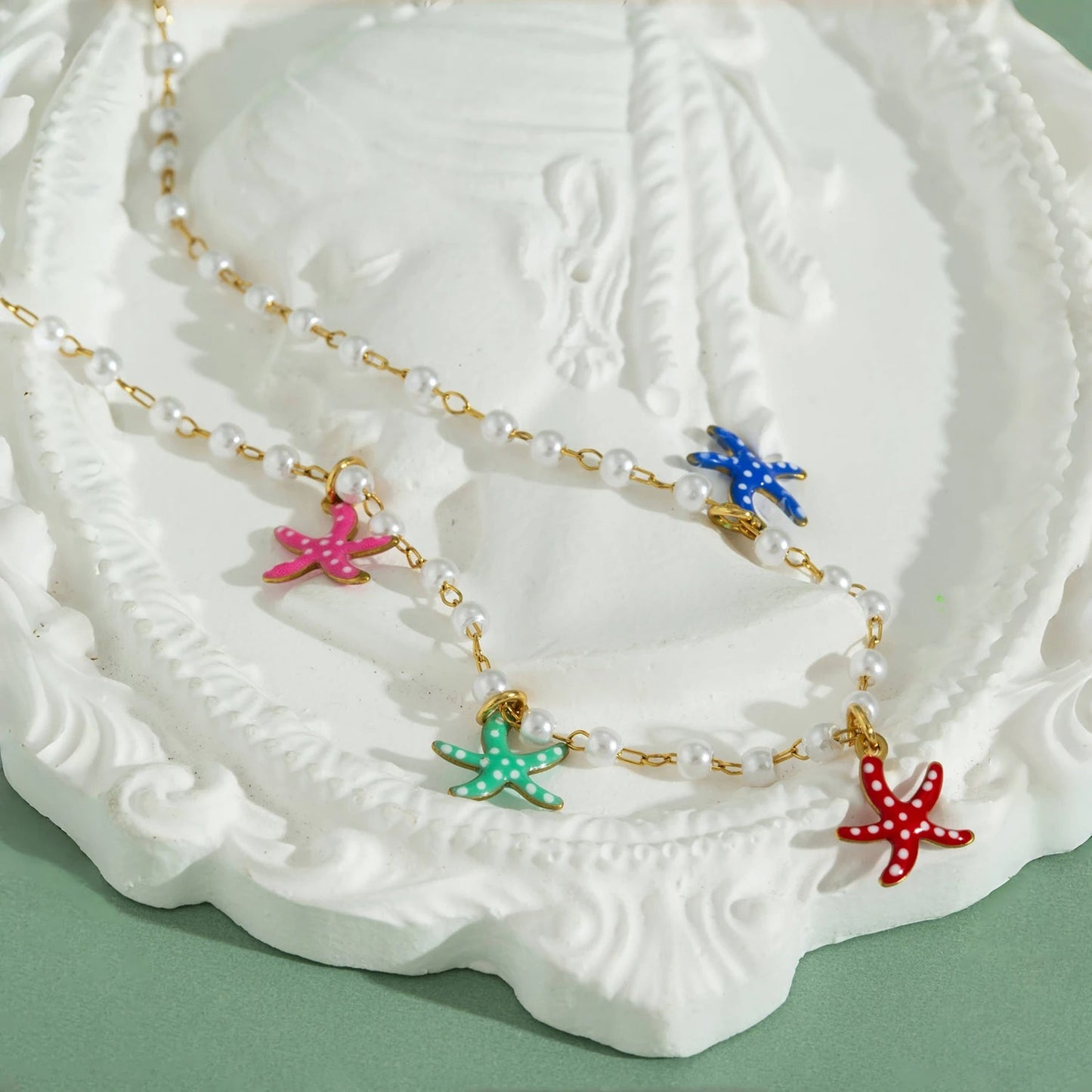 Boho Starfish Pendant Pearl Necklace Women Coastal Gift