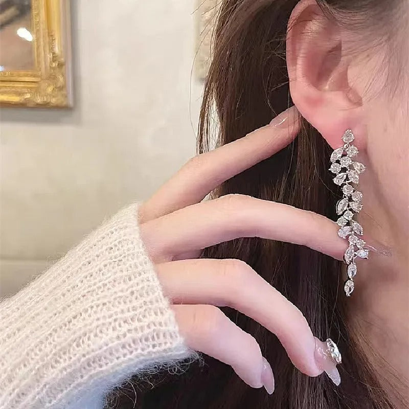 Women’s Leaf Long Tassel Earrings Full Zircon Party Wedding Jewelry